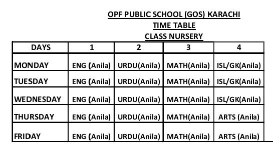 Time Table Nursery