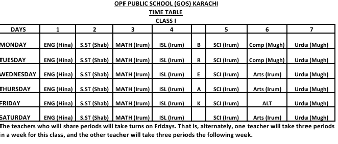 Timetable Class 1