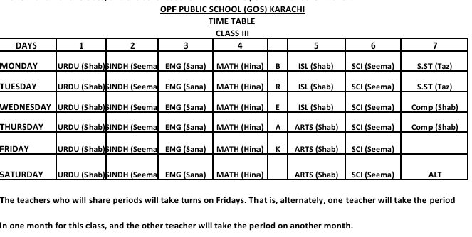Timetable class 3