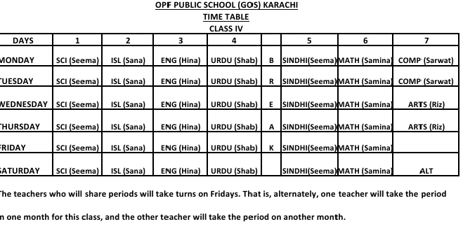 Timetable class 4