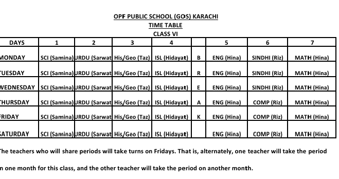 Timetable class 6