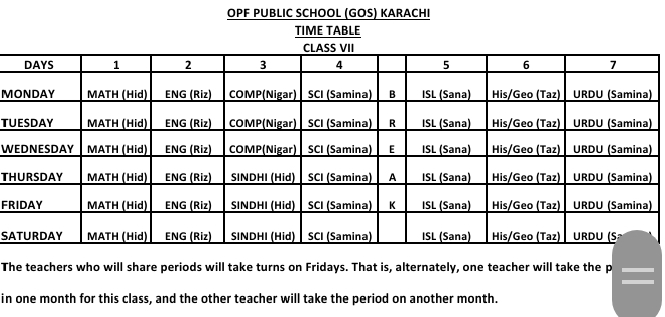 Timetable class 7