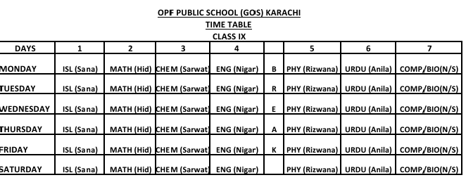 Timetable class 9