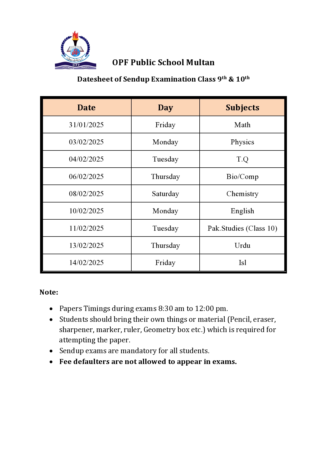 Sendup Exams of Class 9th and 10th 2025