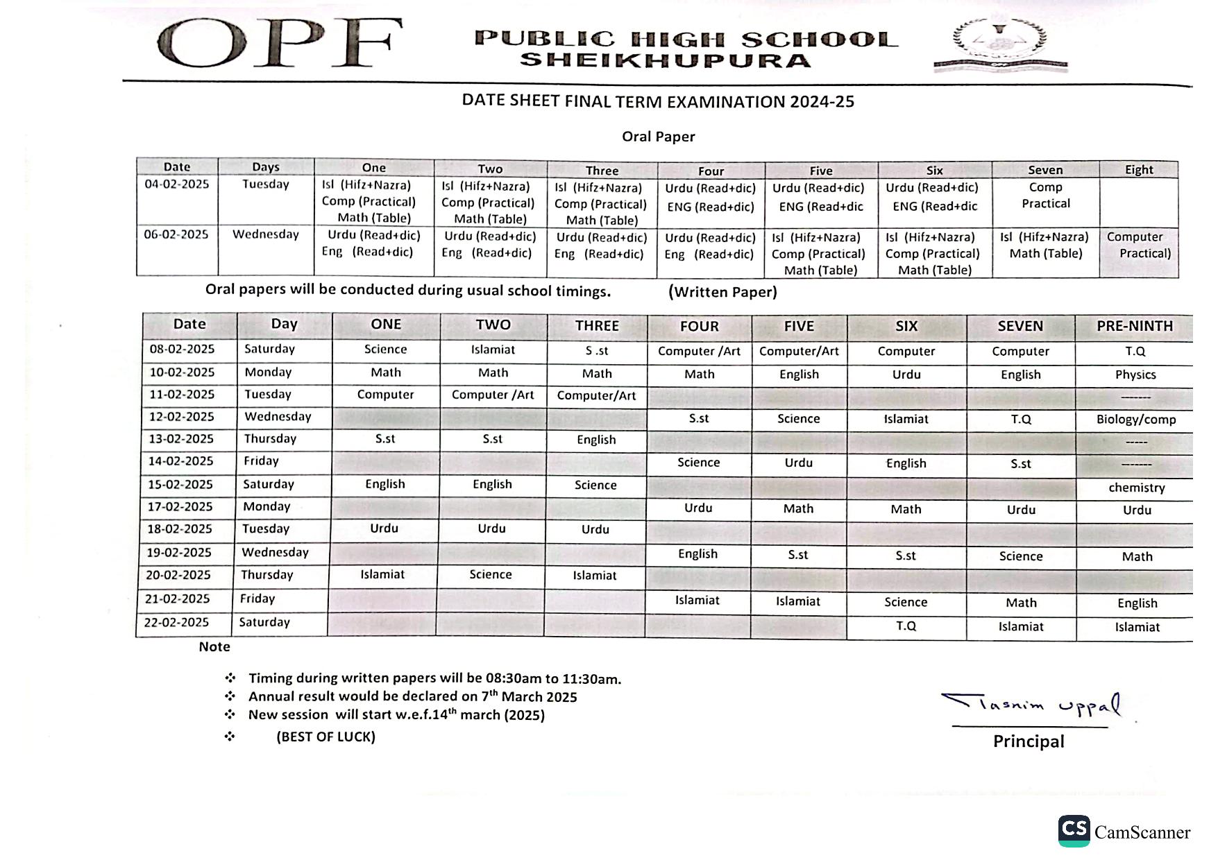 Date Sheet